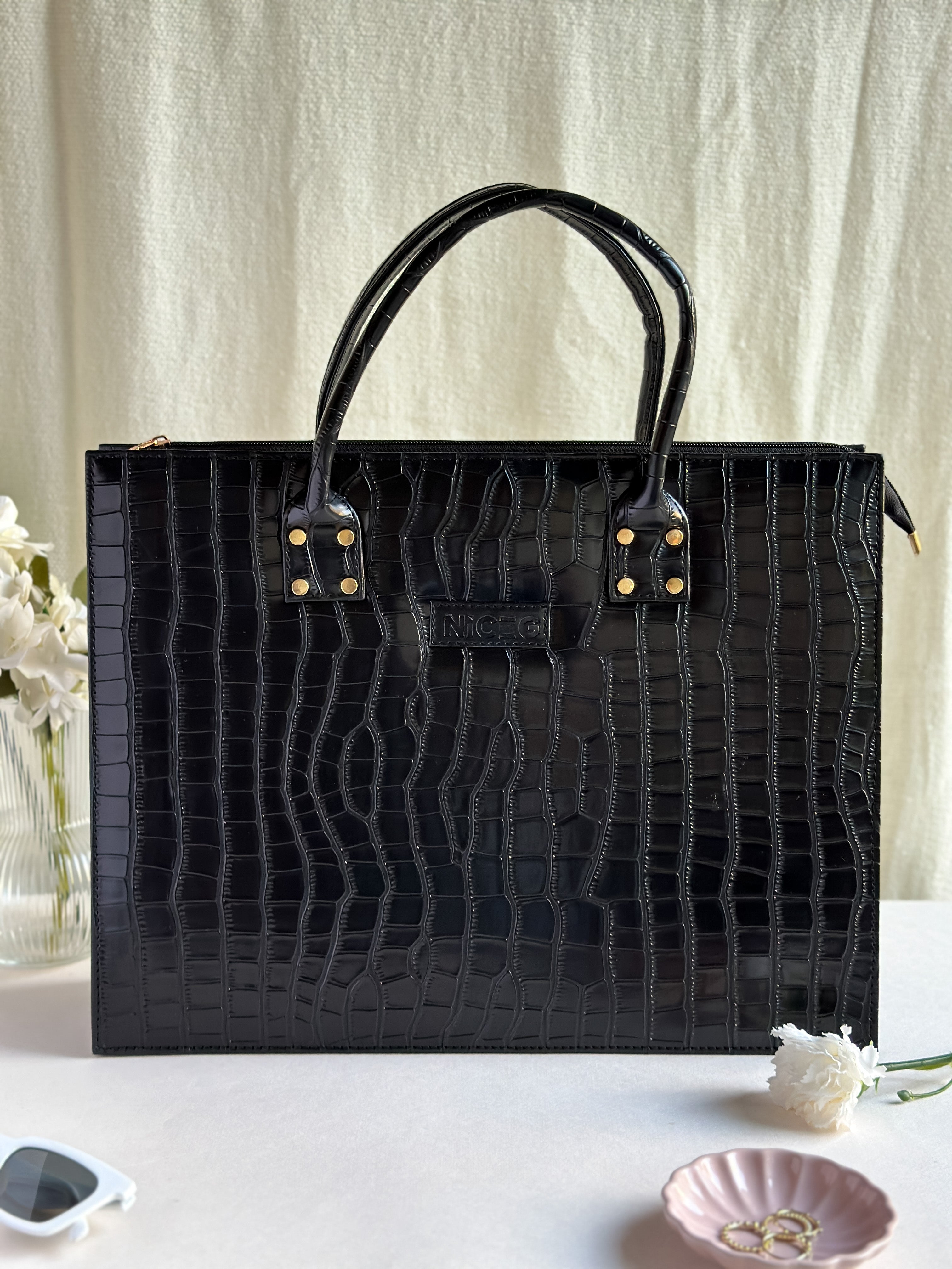 Croc Luxe Tote – Structured Work Bag – Black